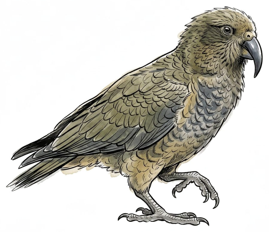 Kea, mid-step: an olive mountain parrot with a long curved beak and an eye full of intent.