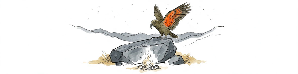 Kea landing on Rock with wings spread wide, bright orange underwings showing; a small campfire burns in front, mountains and stars behind.